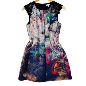 Weston Gold Metallic Abstract Watercolor Design Tea Dress-XS